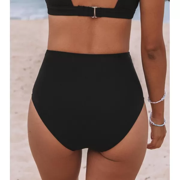 imageCUPSHE Womens High Wasited Bikini Bottom Shirred Tummy Control Swimsuit Full Coverage Retro Swim BottomXS4XLBlack