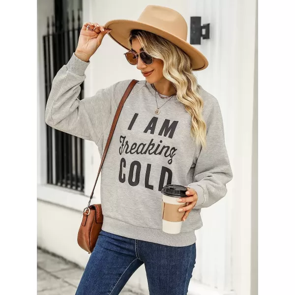imageCUPSHE Womens I Am Freaking Cold Print Long Sleeve Sweatshirt Pullover T ShirtLight Grey