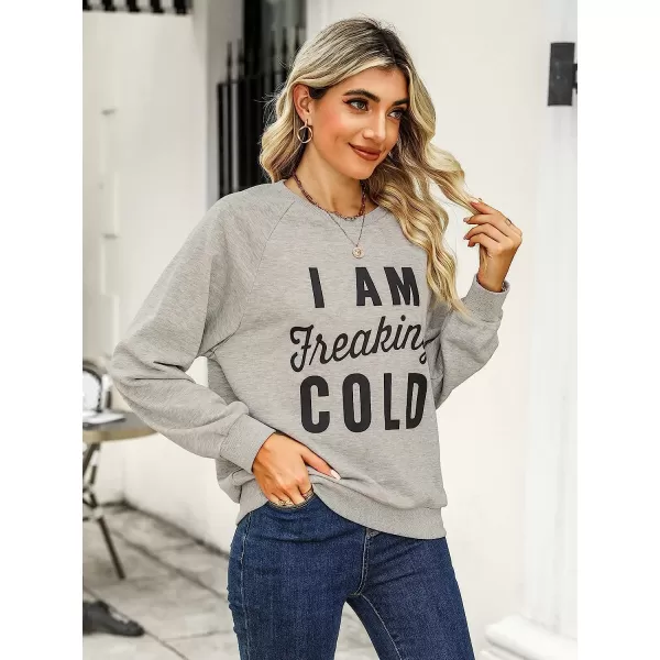 imageCUPSHE Womens I Am Freaking Cold Print Long Sleeve Sweatshirt Pullover T ShirtLight Grey