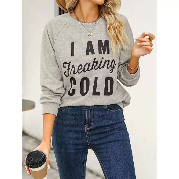 imageCUPSHE Womens I Am Freaking Cold Print Long Sleeve Sweatshirt Pullover T ShirtLight Grey