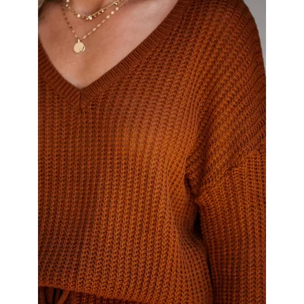 imageCUPSHE Womens Jumpsuit Long Sleeve V Neck Sweater Romper Overalls Casual Knit Pollover Sweater JumpsuitBurnt Orange
