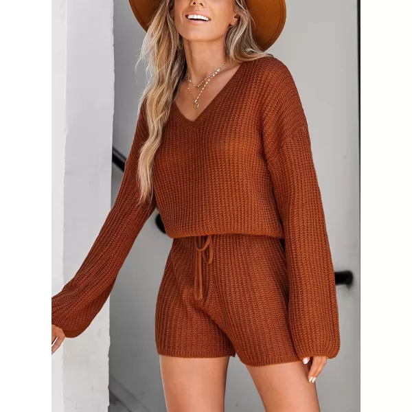 imageCUPSHE Womens Jumpsuit Long Sleeve V Neck Sweater Romper Overalls Casual Knit Pollover Sweater JumpsuitBurnt Orange
