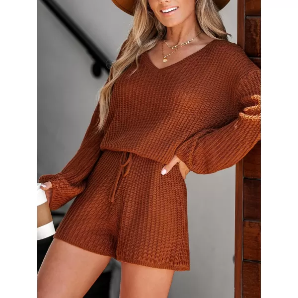 imageCUPSHE Womens Jumpsuit Long Sleeve V Neck Sweater Romper Overalls Casual Knit Pollover Sweater JumpsuitBurnt Orange