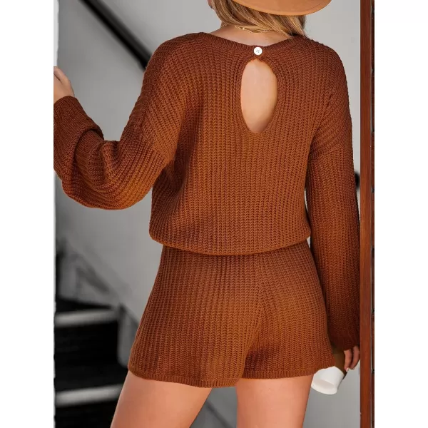 imageCUPSHE Womens Jumpsuit Long Sleeve V Neck Sweater Romper Overalls Casual Knit Pollover Sweater JumpsuitBurnt Orange