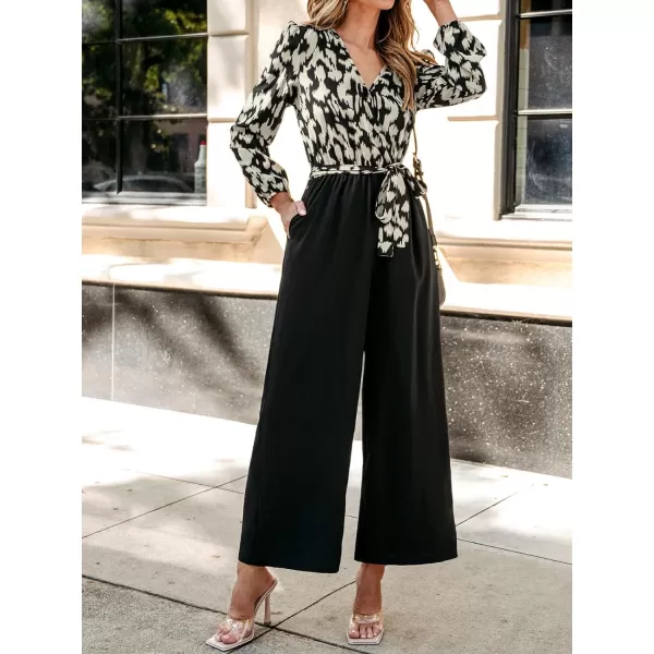 imageCUPSHE Womens Jumpsuits Belted Leopard Print Long Sleeve Overall Long Sleeves V Neck Outfit Casual DressyBlack