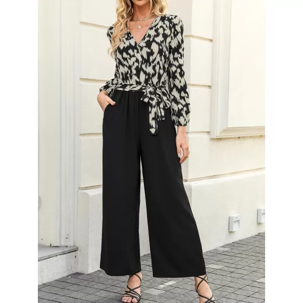 imageCUPSHE Womens Jumpsuits Belted Leopard Print Long Sleeve Overall Long Sleeves V Neck Outfit Casual DressyBlack