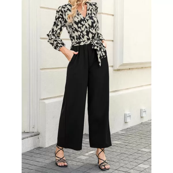imageCUPSHE Womens Jumpsuits Belted Leopard Print Long Sleeve Overall Long Sleeves V Neck Outfit Casual DressyBlack
