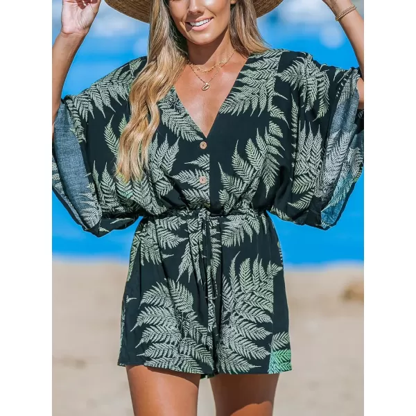 imageCUPSHE Womens Jumpsuits Boho Short Sleeve V Neck Wide Leg Overall Tie Outfit Casual BeachBlack