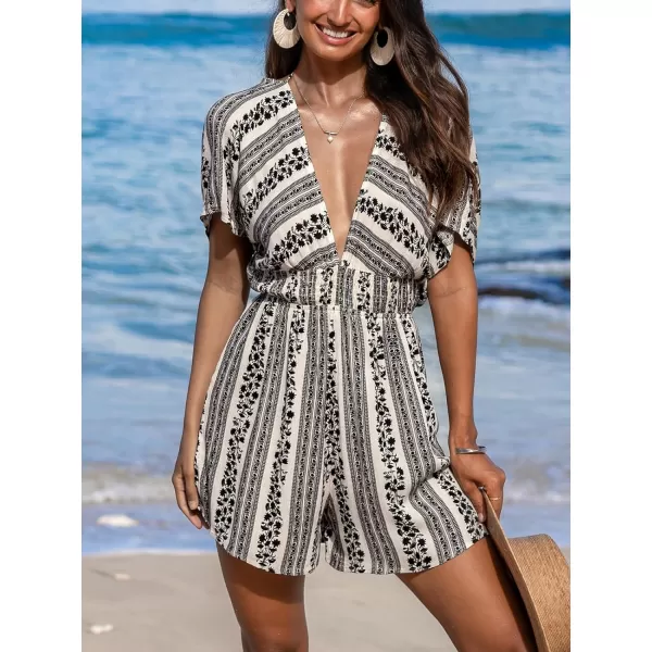 imageCUPSHE Womens Jumpsuits Boho Short Sleeve V Neck Wide Leg Overall Tie Outfit Casual BeachBlack Stripes