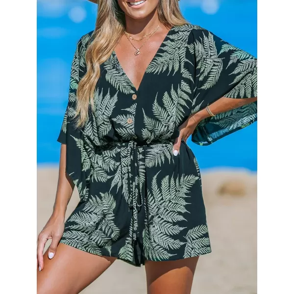 imageCUPSHE Womens Jumpsuits Boho Short Sleeve V Neck Wide Leg Overall Tie Outfit Casual BeachBlackGreen Leaves