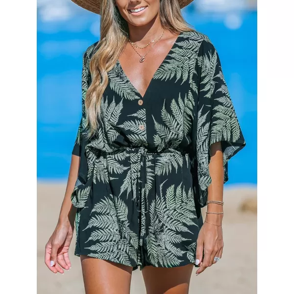 imageCUPSHE Womens Jumpsuits Boho Short Sleeve V Neck Wide Leg Overall Tie Outfit Casual BeachBlackGreen Leaves