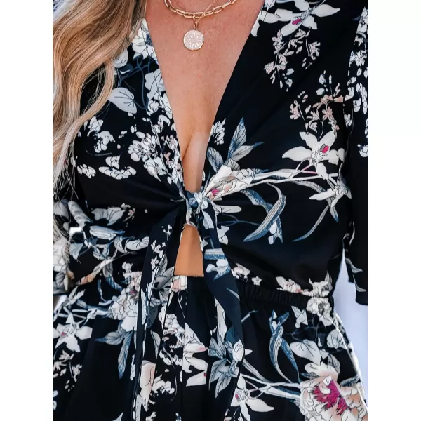 imageCUPSHE Womens Jumpsuits Boho Short Sleeve V Neck Wide Leg Overall Tie Outfit Casual BeachBlackWhite Flower