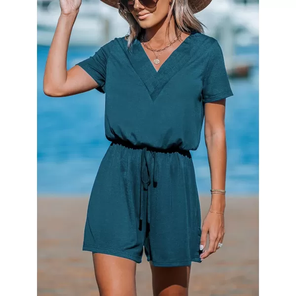 imageCUPSHE Womens Jumpsuits Boho Short Sleeve V Neck Wide Leg Overall Tie Outfit Casual BeachBlue
