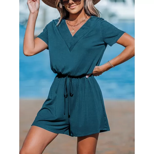 imageCUPSHE Womens Jumpsuits Boho Short Sleeve V Neck Wide Leg Overall Tie Outfit Casual BeachBlue
