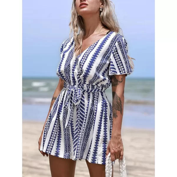 imageCUPSHE Womens Jumpsuits Boho Short Sleeve V Neck Wide Leg Overall Tie Outfit Casual BeachBlue Stripes