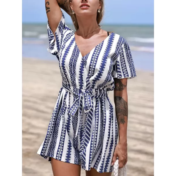 imageCUPSHE Womens Jumpsuits Boho Short Sleeve V Neck Wide Leg Overall Tie Outfit Casual BeachBlue Stripes