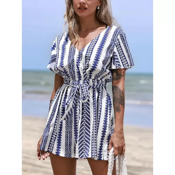 imageCUPSHE Womens Jumpsuits Boho Short Sleeve V Neck Wide Leg Overall Tie Outfit Casual BeachBlue Stripes