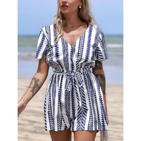 imageCUPSHE Womens Jumpsuits Boho Short Sleeve V Neck Wide Leg Overall Tie Outfit Casual BeachBlue Stripes
