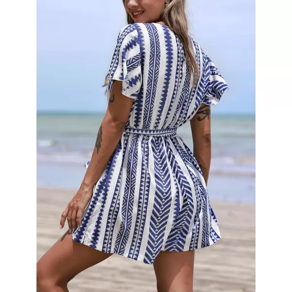 imageCUPSHE Womens Jumpsuits Boho Short Sleeve V Neck Wide Leg Overall Tie Outfit Casual BeachBlue Stripes