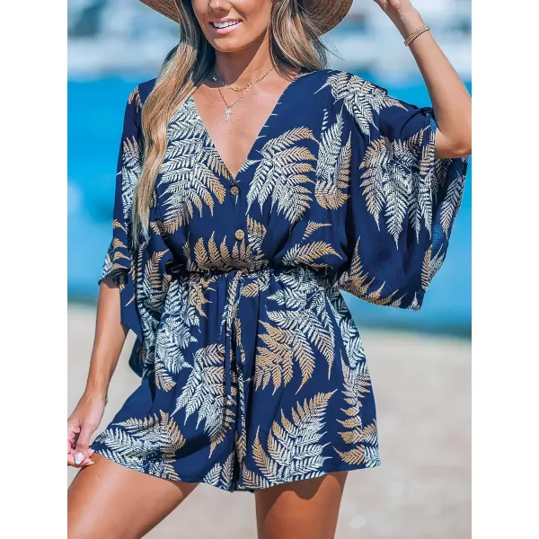 imageCUPSHE Womens Jumpsuits Boho Short Sleeve V Neck Wide Leg Overall Tie Outfit Casual BeachNavyYellow Leaves