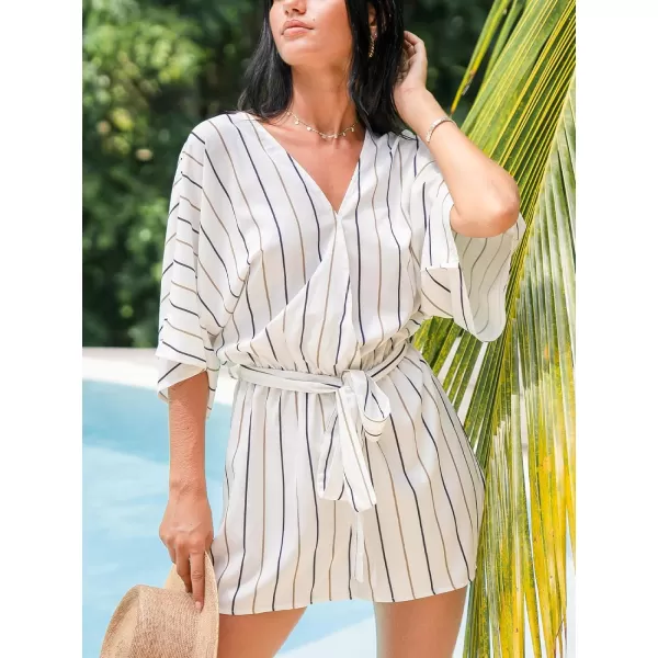imageCUPSHE Womens Jumpsuits Boho Short Sleeve V Neck Wide Leg Overall Tie Outfit Casual BeachWhite