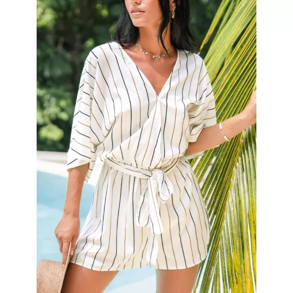 imageCUPSHE Womens Jumpsuits Boho Short Sleeve V Neck Wide Leg Overall Tie Outfit Casual BeachWhite