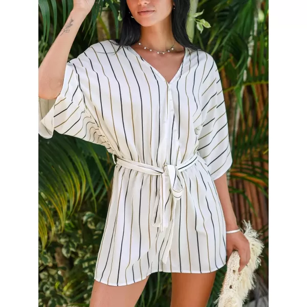 imageCUPSHE Womens Jumpsuits Boho Short Sleeve V Neck Wide Leg Overall Tie Outfit Casual BeachWhite