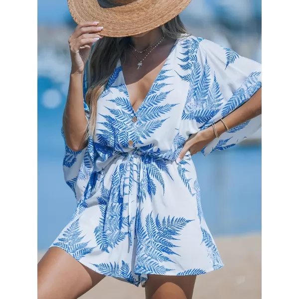 imageCUPSHE Womens Jumpsuits Boho Short Sleeve V Neck Wide Leg Overall Tie Outfit Casual BeachWhiteBlue Leaves