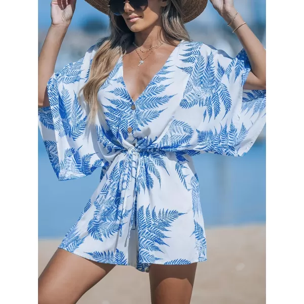 imageCUPSHE Womens Jumpsuits Boho Short Sleeve V Neck Wide Leg Overall Tie Outfit Casual BeachWhiteBlue Leaves