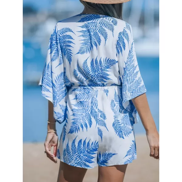imageCUPSHE Womens Jumpsuits Boho Short Sleeve V Neck Wide Leg Overall Tie Outfit Casual BeachWhiteBlue Leaves