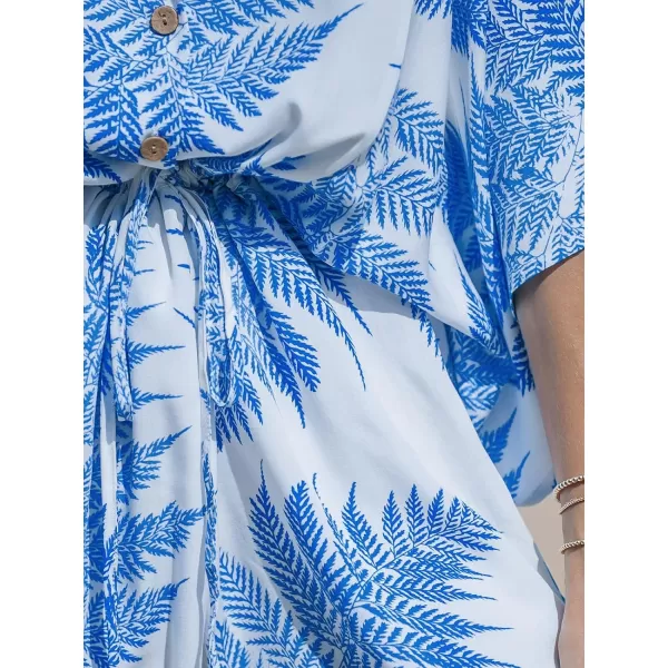 imageCUPSHE Womens Jumpsuits Boho Short Sleeve V Neck Wide Leg Overall Tie Outfit Casual BeachWhiteBlue Leaves
