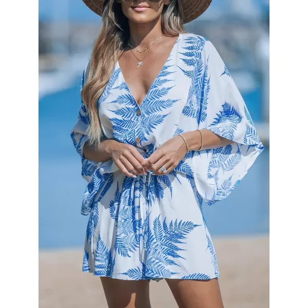 imageCUPSHE Womens Jumpsuits Boho Short Sleeve V Neck Wide Leg Overall Tie Outfit Casual BeachWhiteBlue Leaves