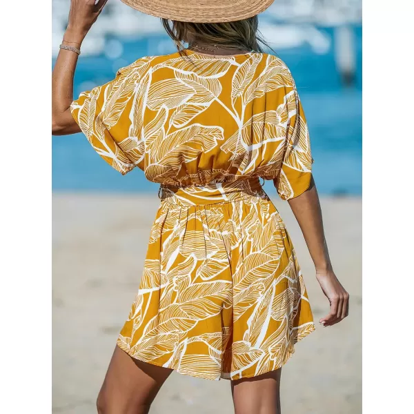 imageCUPSHE Womens Jumpsuits Boho Short Sleeve V Neck Wide Leg Overall Tie Outfit Casual BeachYellow