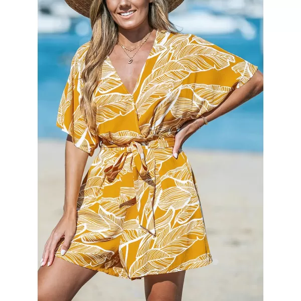imageCUPSHE Womens Jumpsuits Boho Short Sleeve V Neck Wide Leg Overall Tie Outfit Casual BeachYellow