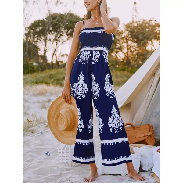 imageCUPSHE Womens Jumpsuits Boho Smocked Bodice Wide Leg Romper Overall Tube Neck Outfit Casual DressyBlue