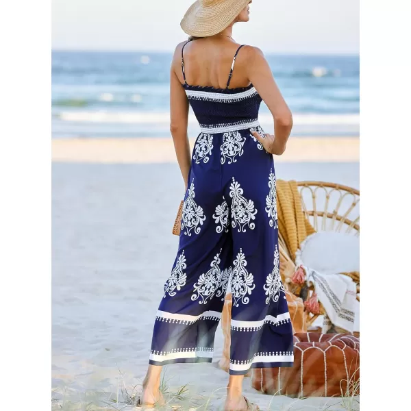 imageCUPSHE Womens Jumpsuits Boho Smocked Bodice Wide Leg Romper Overall Tube Neck Outfit Casual DressyBlue