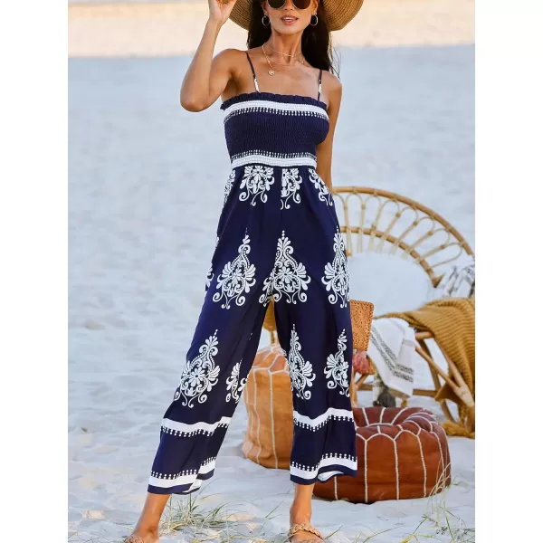 imageCUPSHE Womens Jumpsuits Boho Smocked Bodice Wide Leg Romper Overall Tube Neck Outfit Casual DressyBlue