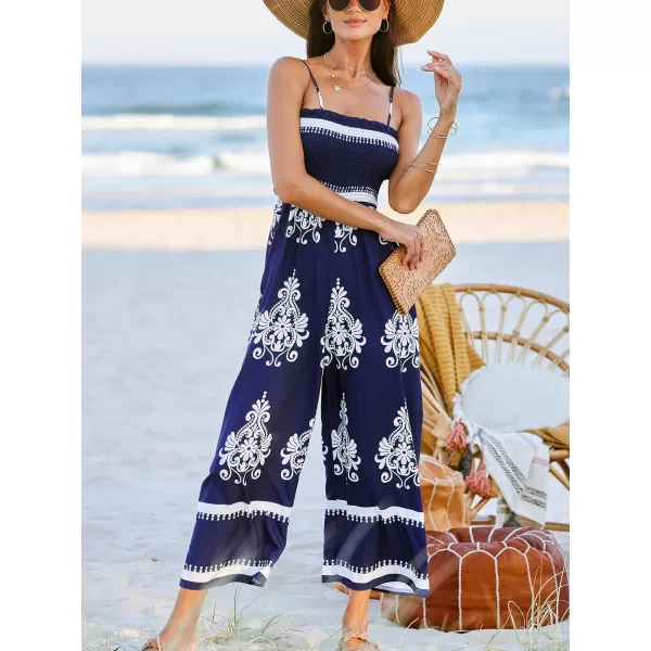 imageCUPSHE Womens Jumpsuits Boho Smocked Bodice Wide Leg Romper Overall Tube Neck Outfit Casual DressyBlue