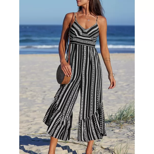 imageCUPSHE Womens Jumpsuits Boho Striped Sleeveless Flared Leg Wide Leg Romper Overall V Neck Outfit Casual DressyBlack
