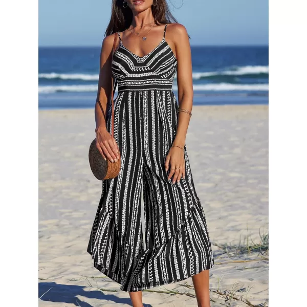 imageCUPSHE Womens Jumpsuits Boho Striped Sleeveless Flared Leg Wide Leg Romper Overall V Neck Outfit Casual DressyBlack