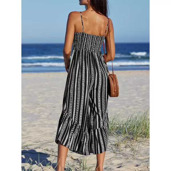 imageCUPSHE Womens Jumpsuits Boho Striped Sleeveless Flared Leg Wide Leg Romper Overall V Neck Outfit Casual DressyBlack