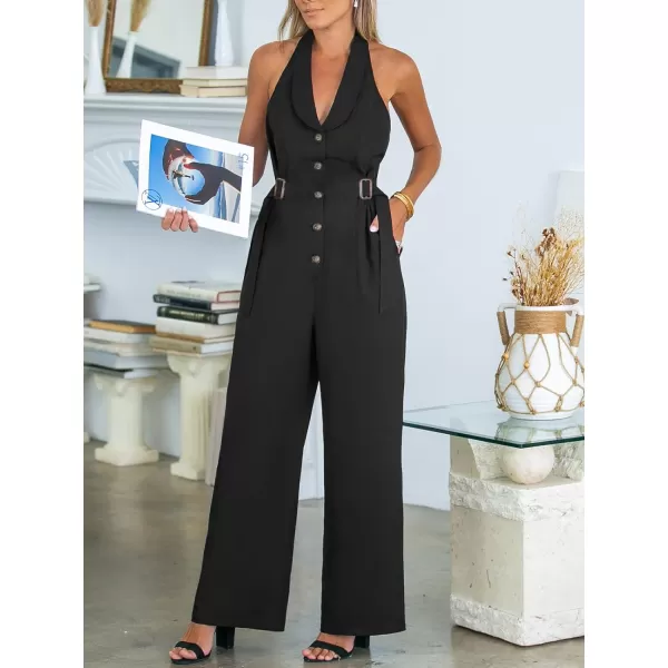imageCUPSHE Womens Jumpsuits Collared Halterneck Straight Leg Overall Button Front Casual DressyBlack