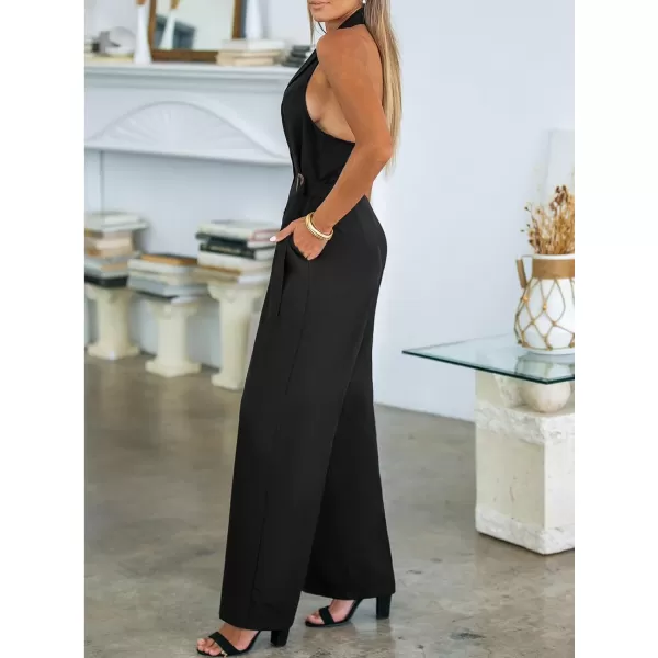 imageCUPSHE Womens Jumpsuits Collared Halterneck Straight Leg Overall Button Front Casual DressyBlack