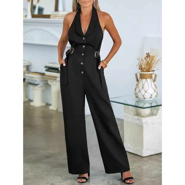 imageCUPSHE Womens Jumpsuits Collared Halterneck Straight Leg Overall Button Front Casual DressyBlack