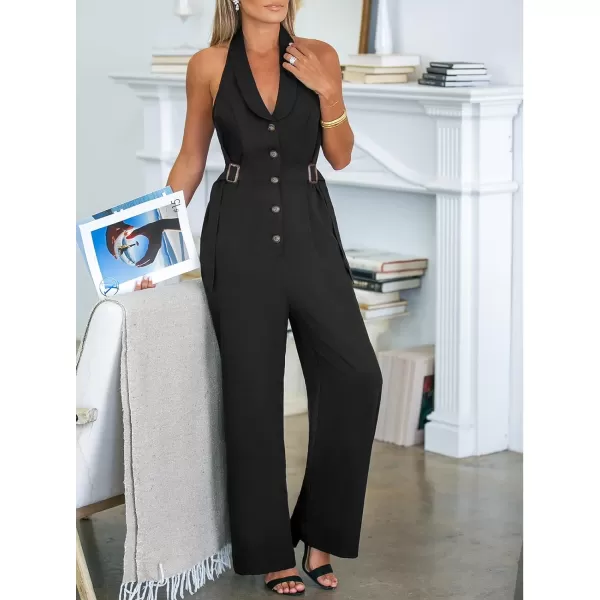 imageCUPSHE Womens Jumpsuits Collared Halterneck Straight Leg Overall Button Front Casual DressyBlack