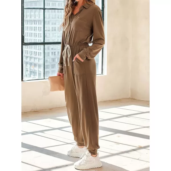 imageCUPSHE Womens Jumpsuits Drawstring Waist Jogger Rompers Long Sleeve Button Front Outfit Casual DressyBrown