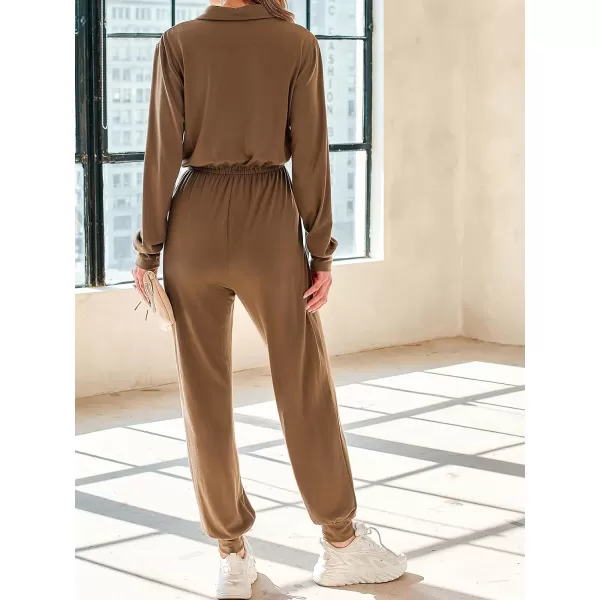 imageCUPSHE Womens Jumpsuits Drawstring Waist Jogger Rompers Long Sleeve Button Front Outfit Casual DressyBrown