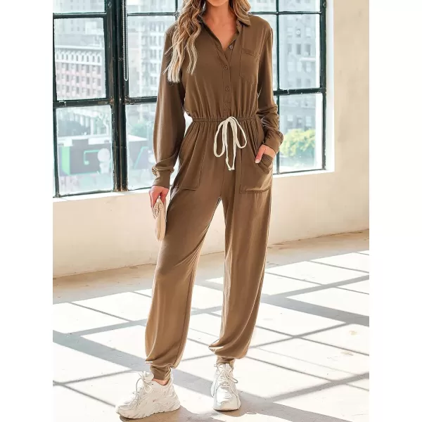imageCUPSHE Womens Jumpsuits Drawstring Waist Jogger Rompers Long Sleeve Button Front Outfit Casual DressyBrown