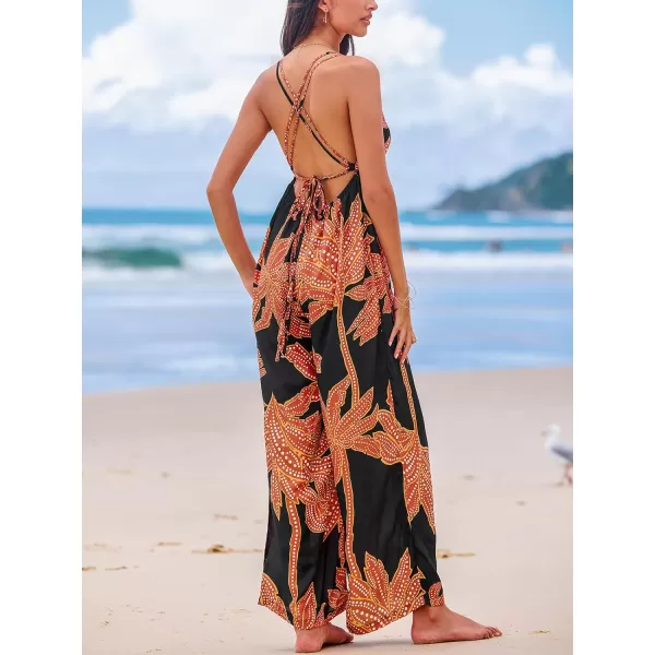 imageCUPSHE Womens Jumpsuits Floral Sleeveless V Neck Overall Wide Leg Outfit Casual BeachBlack