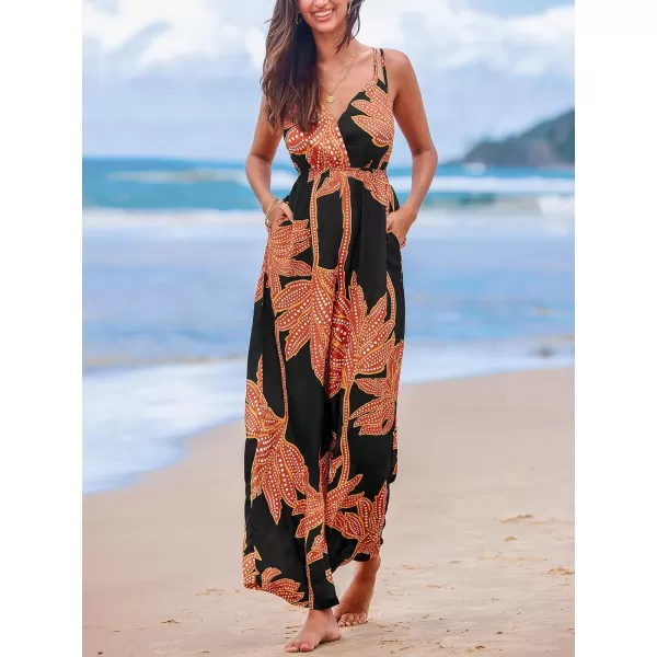 imageCUPSHE Womens Jumpsuits Floral Sleeveless V Neck Overall Wide Leg Outfit Casual BeachBlack
